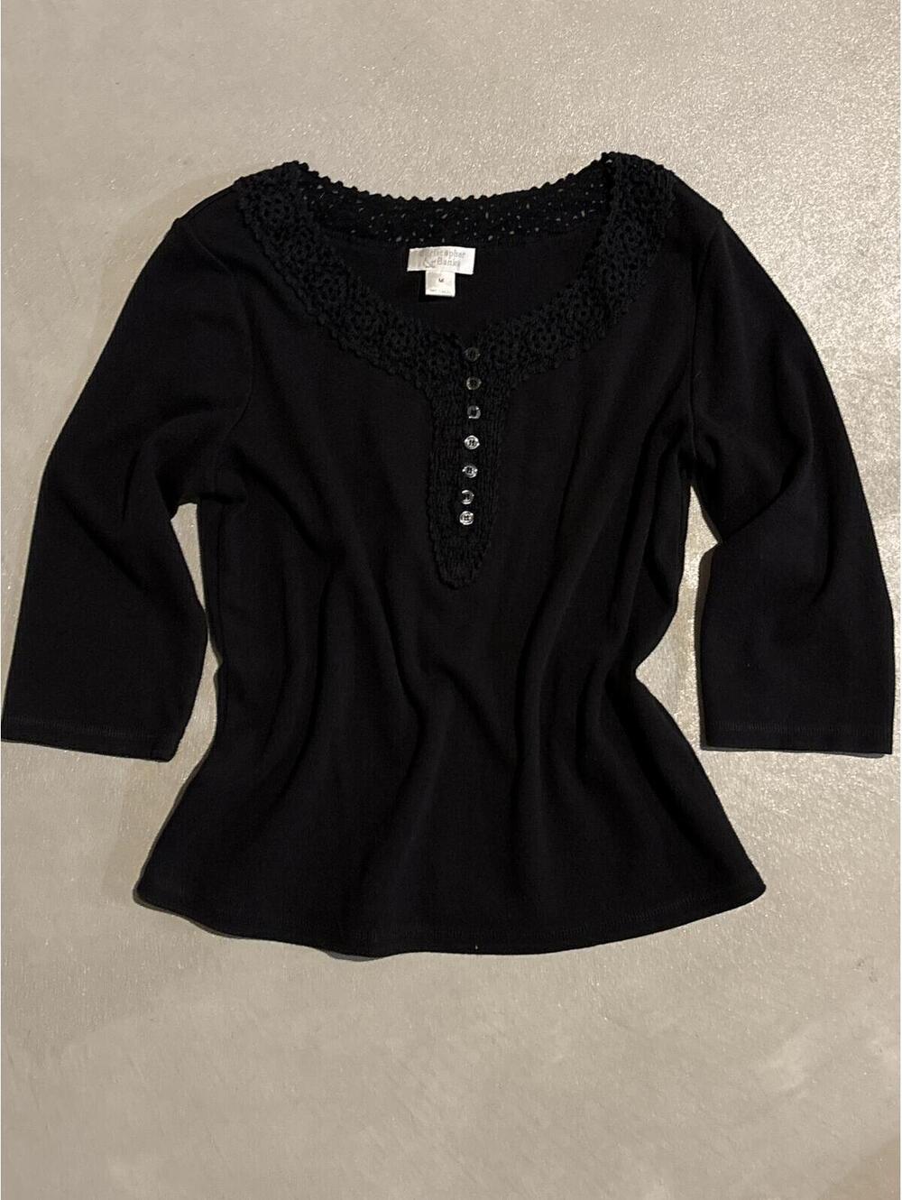 Christopher & Banks Black Crochet Trim Button Front Top Sz M